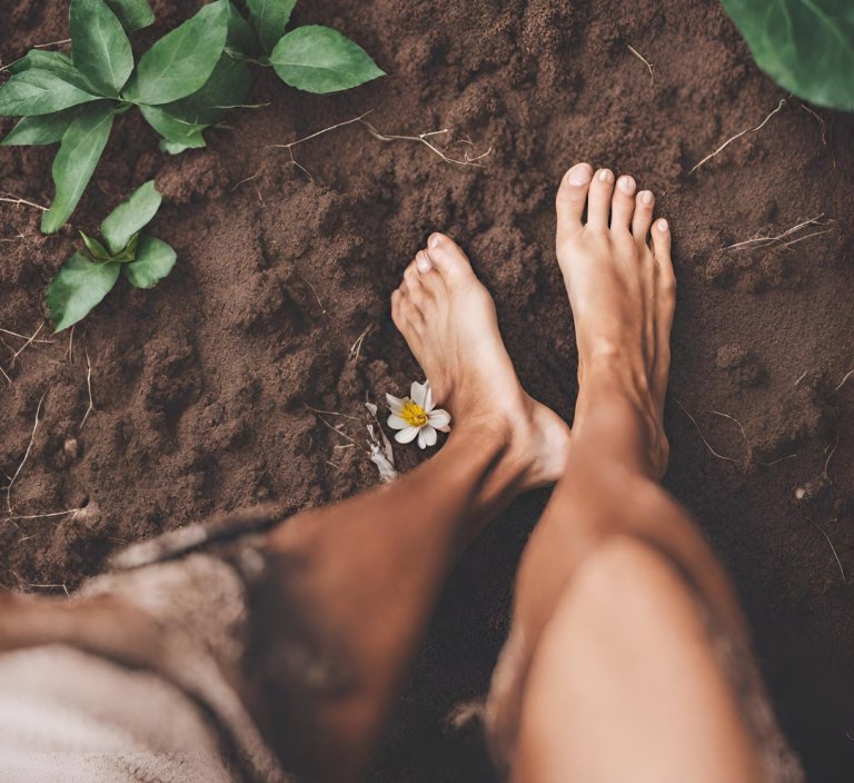 Grounding, walking bare feet on the ground 